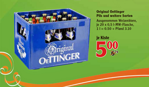 Kasten Oettinger 20 x 0,5l Pils, Export, Radler oder Malz für günstige 5€