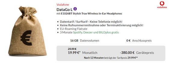 Wieder da! Vodafone DataGo L für 9,16€/Monat durch 380€ Auszahlung - 16GB LTE inkl. EU-Roaming
