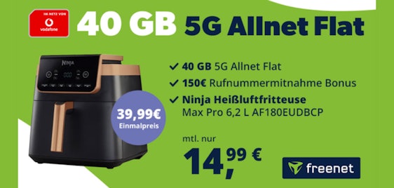 LETZTE Chance! 🚨 Eff. nur 4,41€/Monat 😍 Ninja Airfryer Max Pro mit 40GB Vodafone 5G Allnet-Flat schnappen!