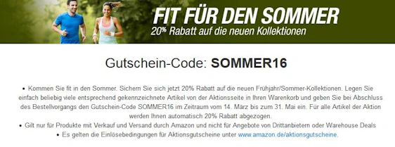 20% Extra Rabatt auf ausgewählte Frühjahr/Sommer 2016 Sportartikel bei Amazon