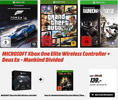 Media Markt: 3 für 2 Aktion auf Xbox One Spiele &amp; Xbox One Elite Wireless Controller + Deus Ex: Mankind Divided für 139€