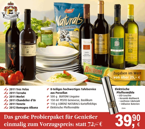 Weinpaket für 39,90€ mit Zugaben 25€