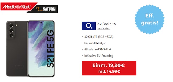 Eff. gratis! 🤑 Samsung Galaxy S21 FE 5G + o2 Allnet-Flat mit 10GB LTE für 14,99€ mtl.