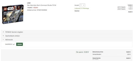 Lego Star Wars günstig durch 15% Rabatt + 12€ Gutschein bei Galeria-Kaufhof.de – z.B. Ren's Command Shuttle für 82€ *UPDATE*