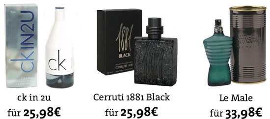 20% Rabatt auf Parfüm bei Schlecker, z.B. ck in 2u für 26€, Cerruti 1881 Black für 26€ oder Jean Paul Gaultier Le Male für 34€