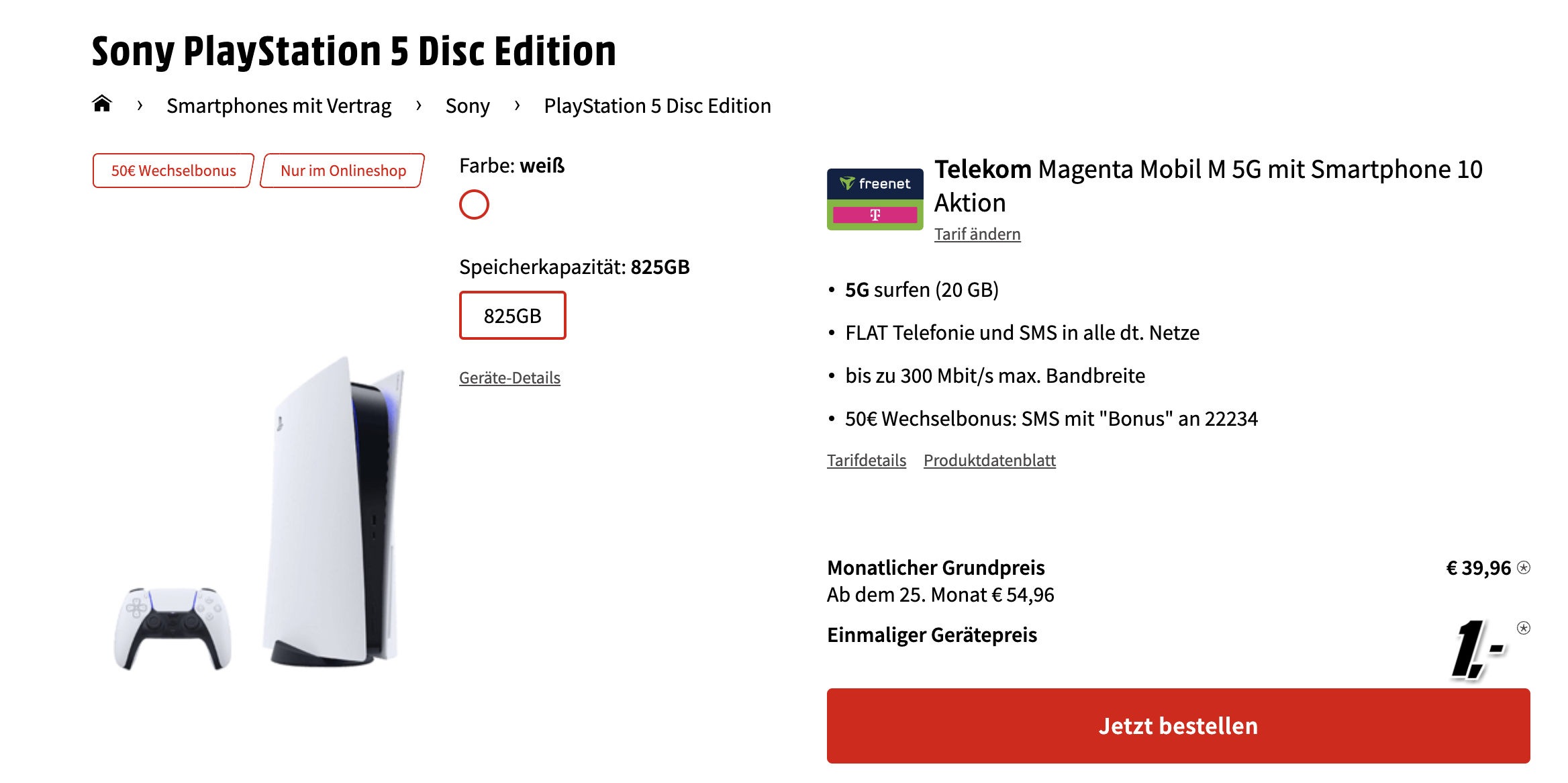 Sony PlayStation 5 Disc Edition im Telekom Magenta Mobil M 5G für 40€/Monat - 20 GB LTE 5G, Allnet- &amp; SMS-Flat, 50€ Wechselbonus