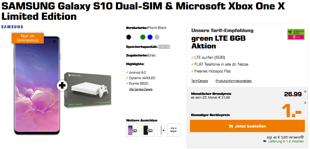 Samsung Galaxy S10 (128 GB) + Microsoft Xbox One X Limited Edition im Mobilcom debitel/Telekom green LTE 6GB Tarif für 29€/Monat – 6GB LTE, Allnet- &amp; Hotspot-Flat