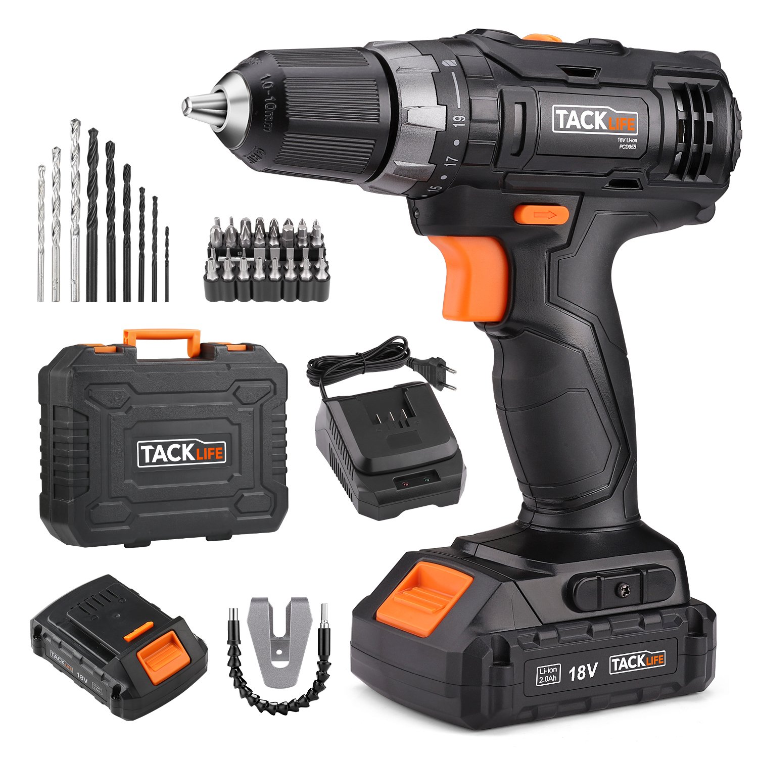 Akkuschrauber 18V mit LED Licht (2 Li-Ion Akkus, 2.0Ah)