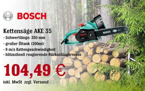 BOSCH Kettensäge AKE 35 für 104,49€ (+4,99€ Versand)