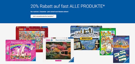 Ravensburger Blue Week: 20% Rabatt auf alles + versandkostenfrei | z.B. Labyrinth Kartenspiel für 6,39€ (statt: 11€)