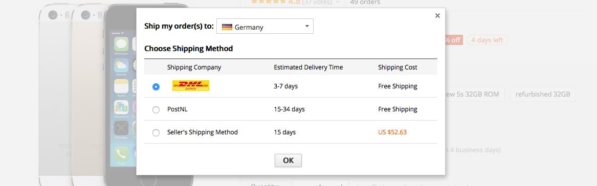 China-Shops-Vergleich Verschiedene Versandarten für Bestellungen bei AliExpress