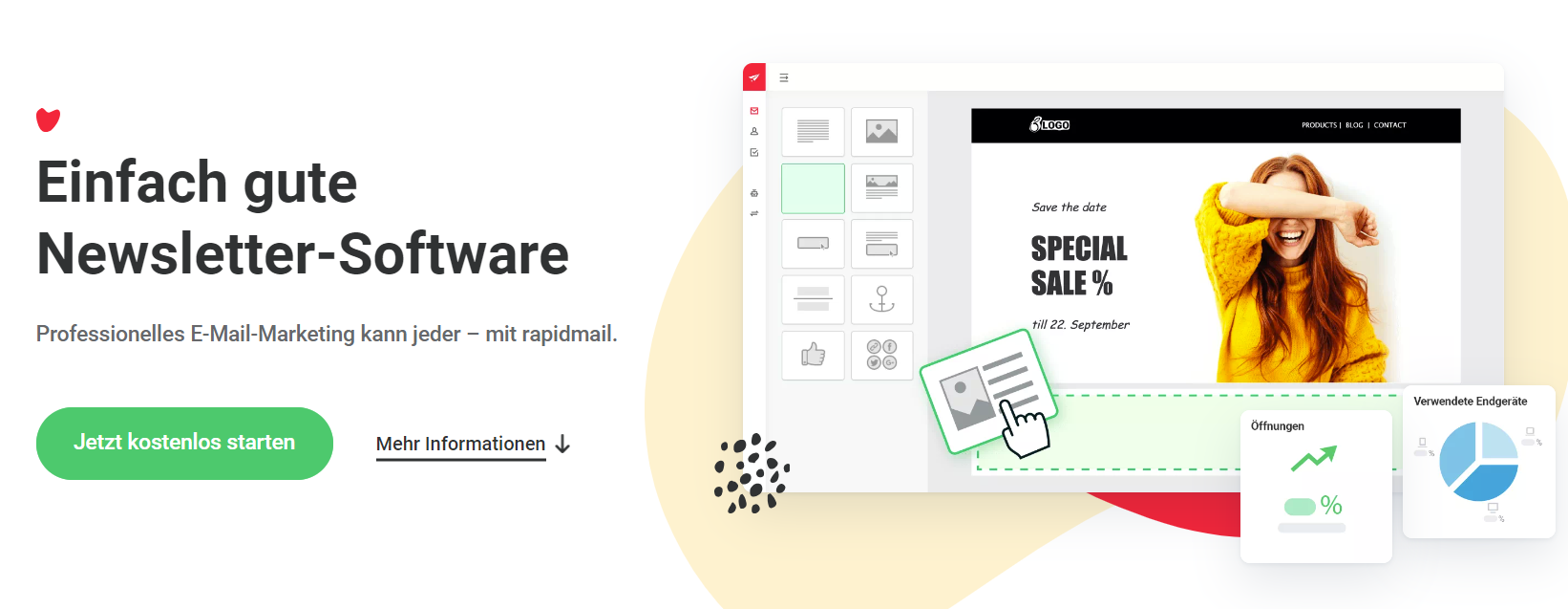 Kostenloser Newsletter mit 'rapidmail' - gratis Mail an bis zu 2.000 Adressen | monatliche Zahlweise | ab 15€/Monat