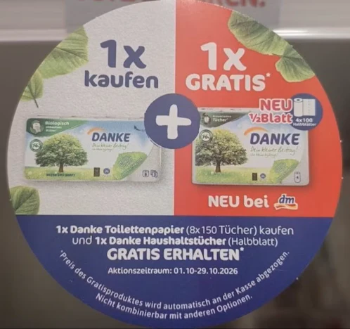 (Nur dm) 1x Danke Toilettenpapier (8x 150 Tücher) kaufen und 1x Danke Haushaltstücher (Halbblatt) GRATIS erhalten