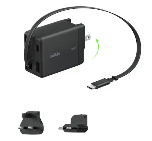Belkin UltraCharge GaN-Ladegerät mit einziehbarem USB-C-Kabel (70W / 1x USB-A- / 1x USB-C-Anschluss / austauschbare Stecker für UK, EU und USA) für 27,99€ statt 39,99€