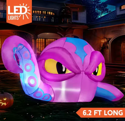 6,2 Fuß langer, lila Oktopuskopf, aufblasbar für Halloween, mit aus dem Fenster herausragenden Tentakeln und eingebauten LEDs, zum Aufblasen