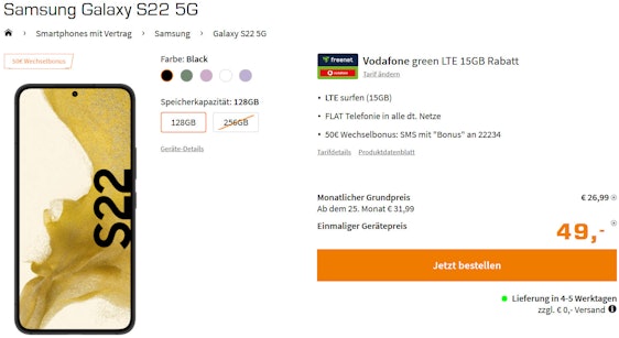 Samsung Galaxy S22 5G (128 GB) im Vodafone green LTE 15GB Tarif für 31€/Monat – 15GB LTE, Allnet- & SMS-Flat + 50€ Wechselbonus