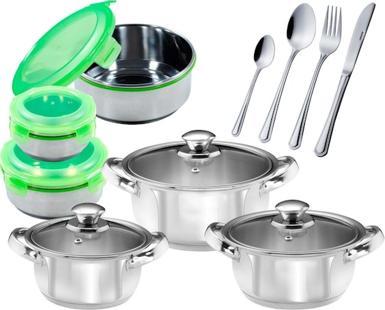 King Topf-Set Silver Line Edelstahl 18/10, (Set, 39-tlg) Induktion inkl. Besteck-Set und Dosen-Set, edelstahlfarben-grün für 67,48€