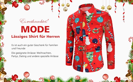 CharMma Herren Hemd Weihnachten Thema Knöpfbar Langarm Stehkragen Shirt