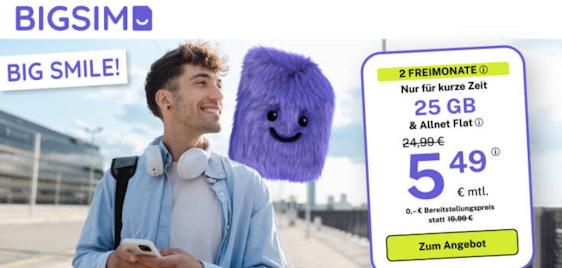 2 Monate GRATIS 💣 BigSIM 5G Allnet-Flats | z.B. 25GB für effektiv 5,03€