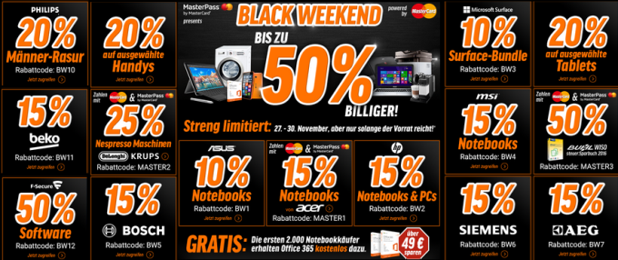 Black Weekend bei Notebooksbilliger - z.B. 15% Rabatt auf alle MSI Notebooks oder Haushaltsgeräte von AEG, Siemens, Bosch, Beko