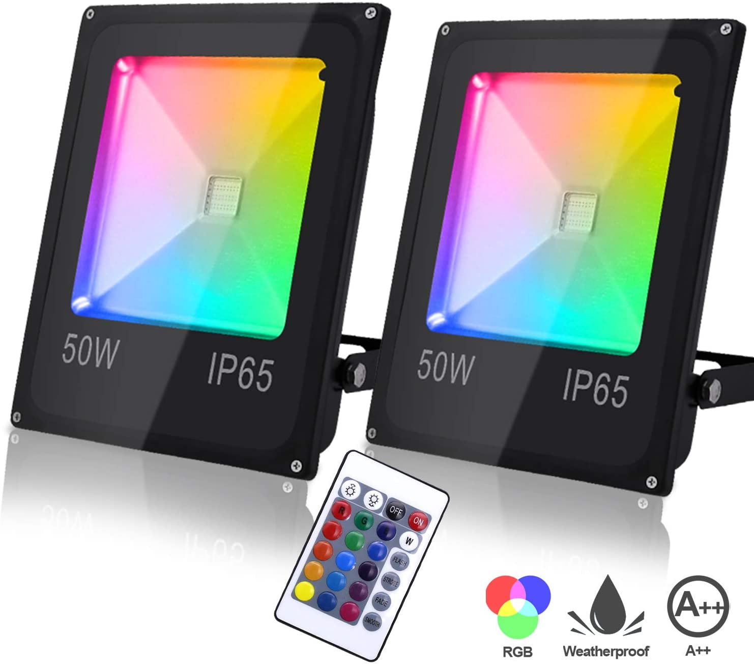 Hengda 2er 50W RGB LED Farbig Fluter mit Fernbedienung, IP65 16 Farben und 4 Modi, 4250 Lumen