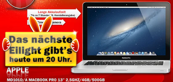 Ab 20 Uhr - Media Markt Eilights - Apple MacBook Pro mit Intel Core i5 (2,5GHz), 4GB RAM, 500GB HDD für 999€