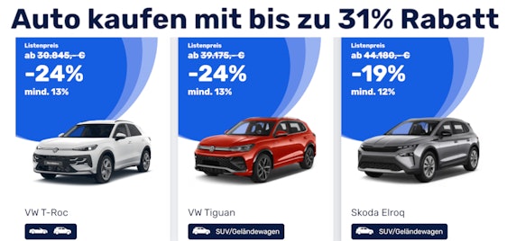Auto Barkauf-Angebote mit 31% Rabatt | inkl. Haustürlieferung, super viele Marken & Bauarten