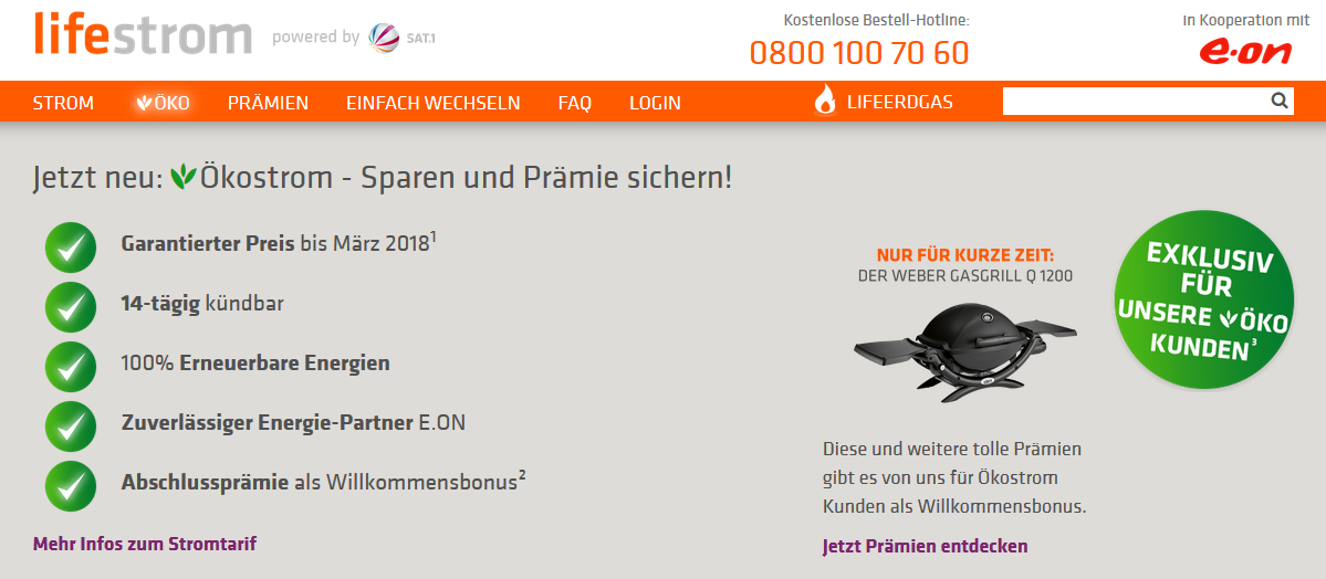 lifestrom Ökostrom oder Ökoerdgas - Weber Q1200 als Prämie für Anbieterwechsel, 14-tägig kündbar