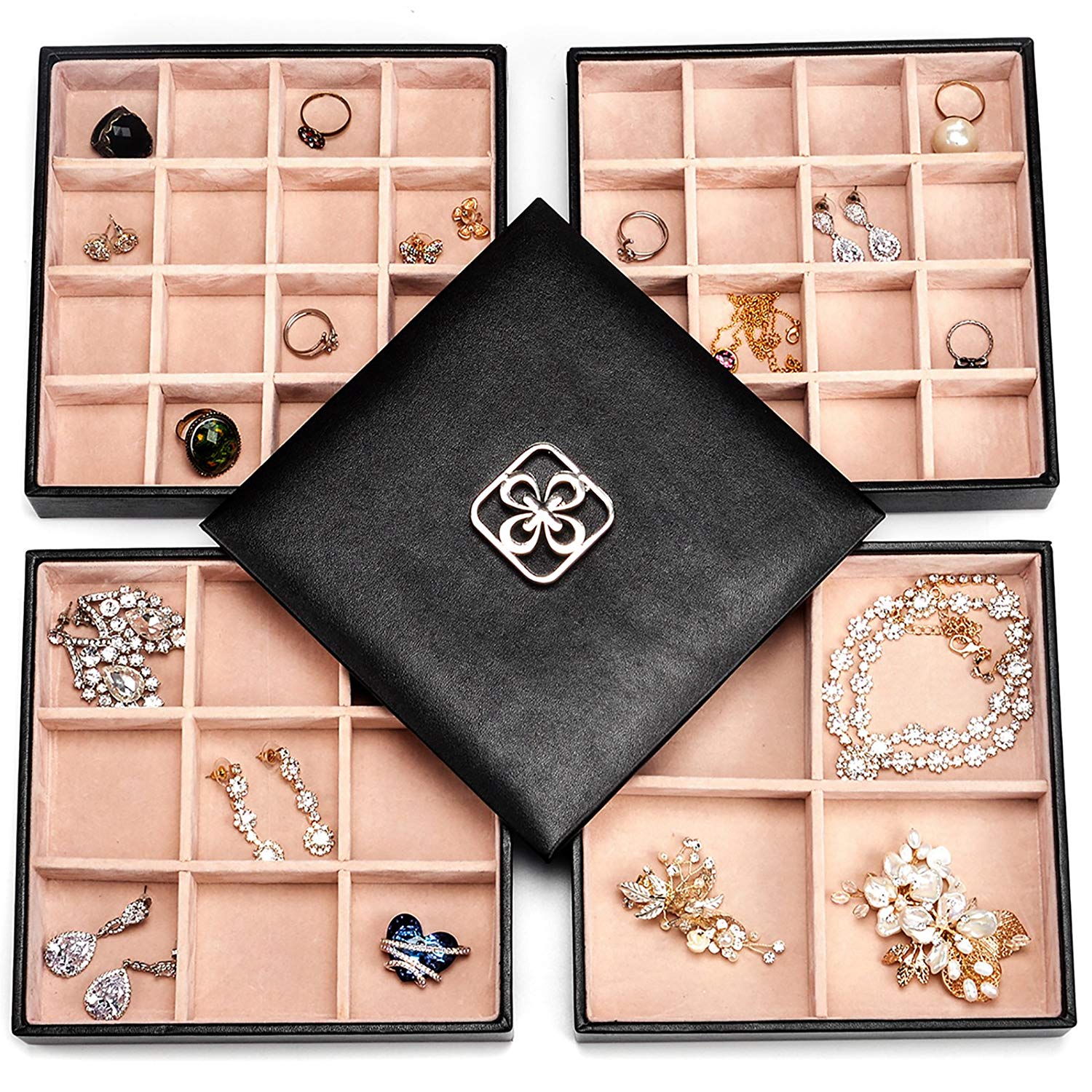 SWEETV Schmuckkästchen Schmuckkasten PU-Leder Kosmetikkoffer mit Spiegel, 4 Schichten für Ringe Ohrringe Halskette, Schwarz(Stil 2-Stil 6)