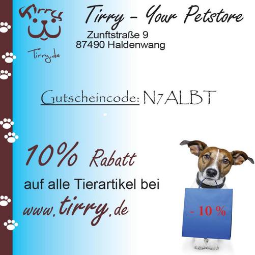 10% Rabatt auf alle Tierartikel bei Tirry.de - Your Petstore