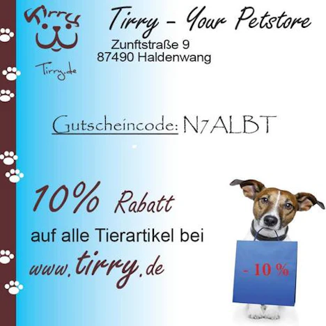 10% Rabatt auf alle Tierartikel bei Tirry.de - Your Petstore