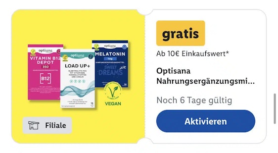 LIDL Plus App: Optisana Nahrungsergänzungsmittel GRATIS ab 10€ (evtl. personalisiert)
