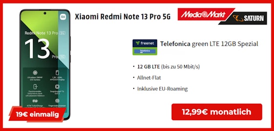 Eff. nur 4€ im Monat! 👉 Xiaomi Redmi Note 13 Pro 5G für einmalig 19€ im 12GB o2-Tarif für 12,99€/Monat