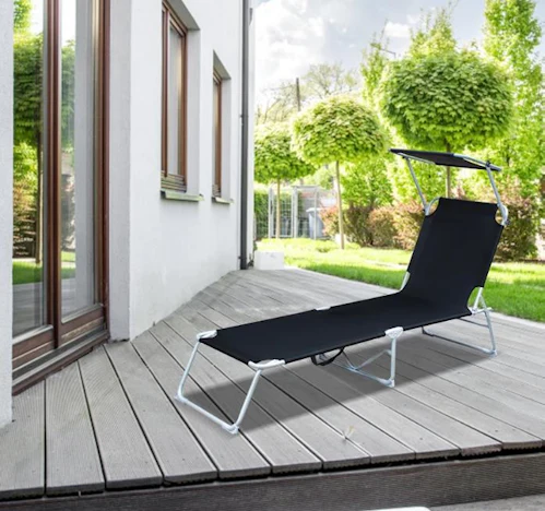 Sonnewelt Sonnenliege mit Dach Schwarz/Grau, 189 x 55 x 27 cm