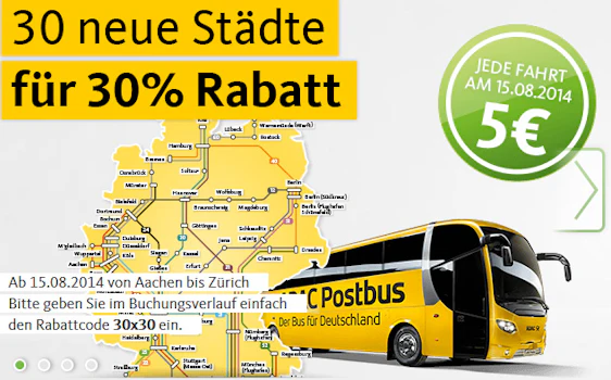 30 neue Städte mit 30% Rabatt buchen + jede Fahrt für 5€ am 15.08.