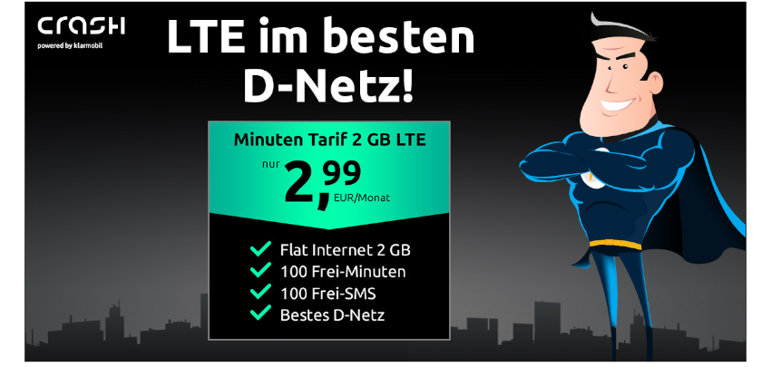 Noch bis 14:30 Uhr ⌛ Im Telekom-Netz! 🤩 Crash Minuten-Tarif für 2,99€/Monat 📱✔️ 2 GB LTE, 100 Freiminuten- &amp; SMS