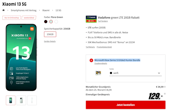 Xiaomi 13 5G & Xbox Series S im Vodafone green LTE für 40€/Monat – 20GB, SMS- & Allnet-Flat, EU-Roaming + 50€ Wechselbonus