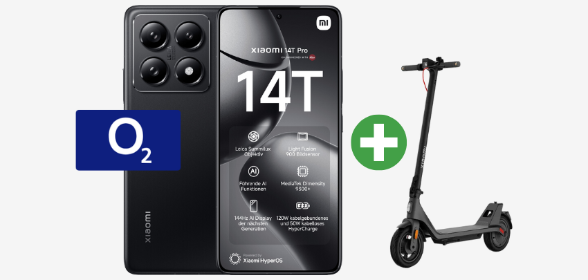 132€ Ersparnis 🚀 Xiaomi 14T Pro + E-Scooter 4 Lite GRATIS - im 100GB 5G o2-Tarif für 29,99€ mtl. 