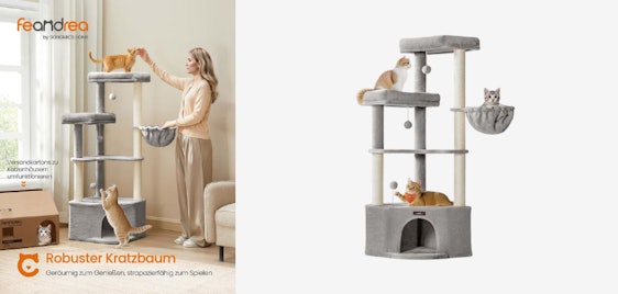 Feandrea Katzenbaum für 36€ - große Höhle, mehrstufig einstellbar, mit Kippschutz