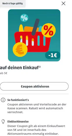 1€ Sofortrabatt ab 5€ mit Penny App