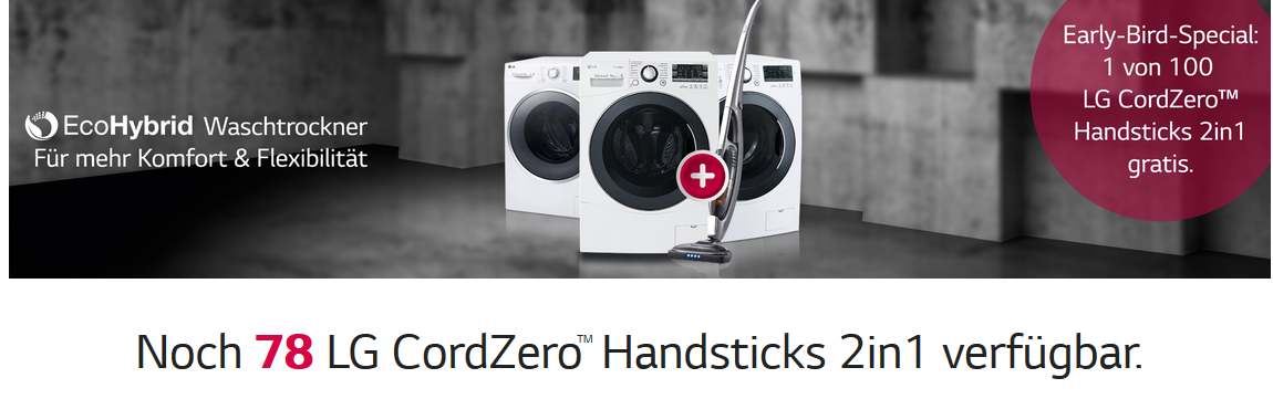 Kostenloser LG CordZero Handstick beim Kauf eines LG Wäschetrockners - kabelloser Staubsauger mit 288€ Vergleichspreis