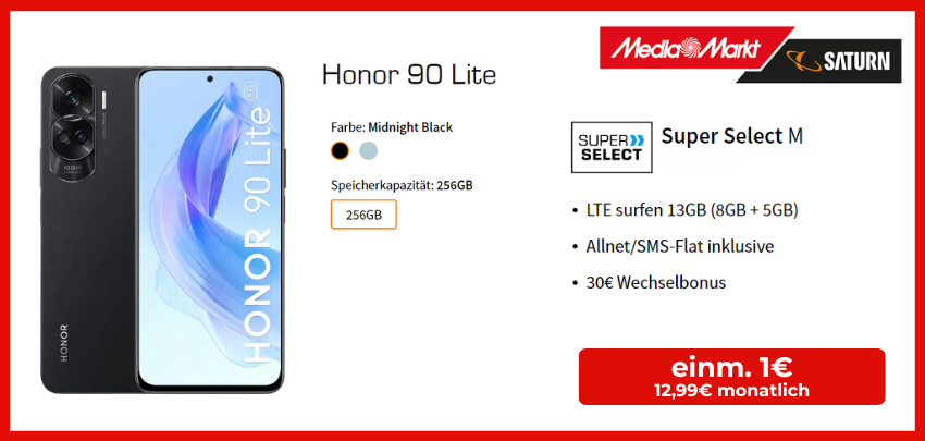 30€ Wechselbonus 🚀 Honor 90 Lite für einmalig 1€ im 13 GB o2-Tarif für 12,99€ mtl.