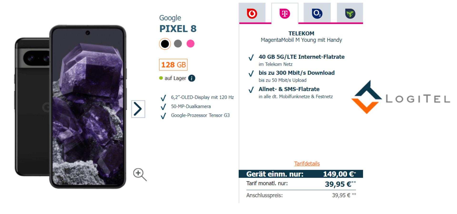 Google Pixel 8 für 149€ einmalig im 40GB Telekom-Tarif für 39,95€ mtl.