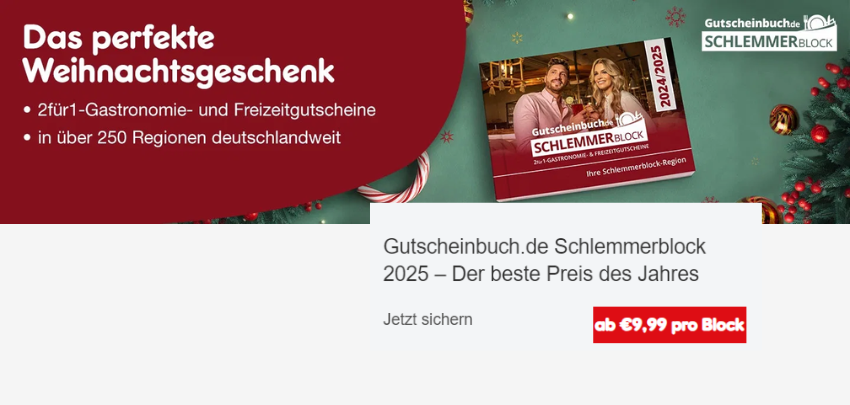 Schlemmerblock 2025 für 10€ - 2-für-1-Gutscheine, 250 Regionen, (beim Kauf ab 6 Stück)