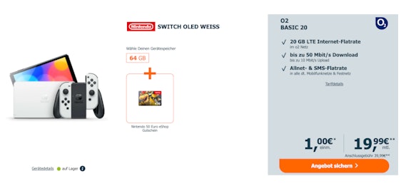 50€ Geschenkt + einmalig nur 1€! 🤯 Nintendo Switch Oled im o2 Basic 20 - mit 20 GB LTE für 19,99€ mtl.