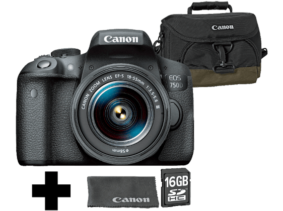 CANON EOS 750D + Objektiv + Speicherkarte + Tasche + Putztuch für 499€ statt 559€