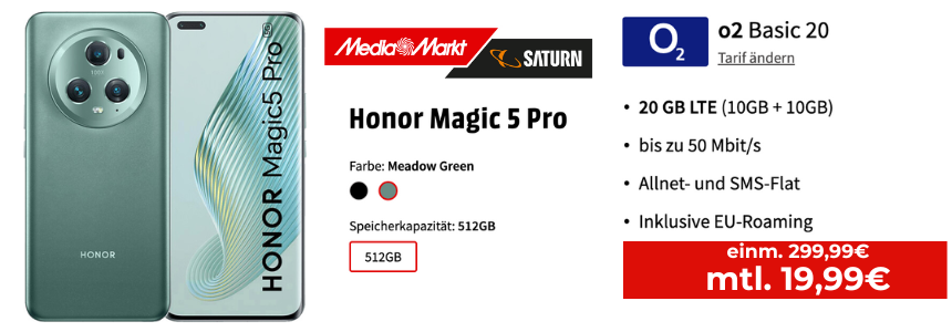 Effektiv GRATIS 💸 Honor Magic 5 Pro mit 20 GB o2-Allnet für 19,99€/Monat