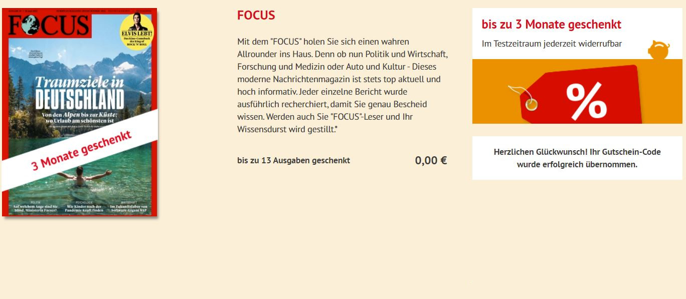 13 Ausgaben der Zeitschrift Focus kostenlos - Jetzt Gutscheincode einlösen!