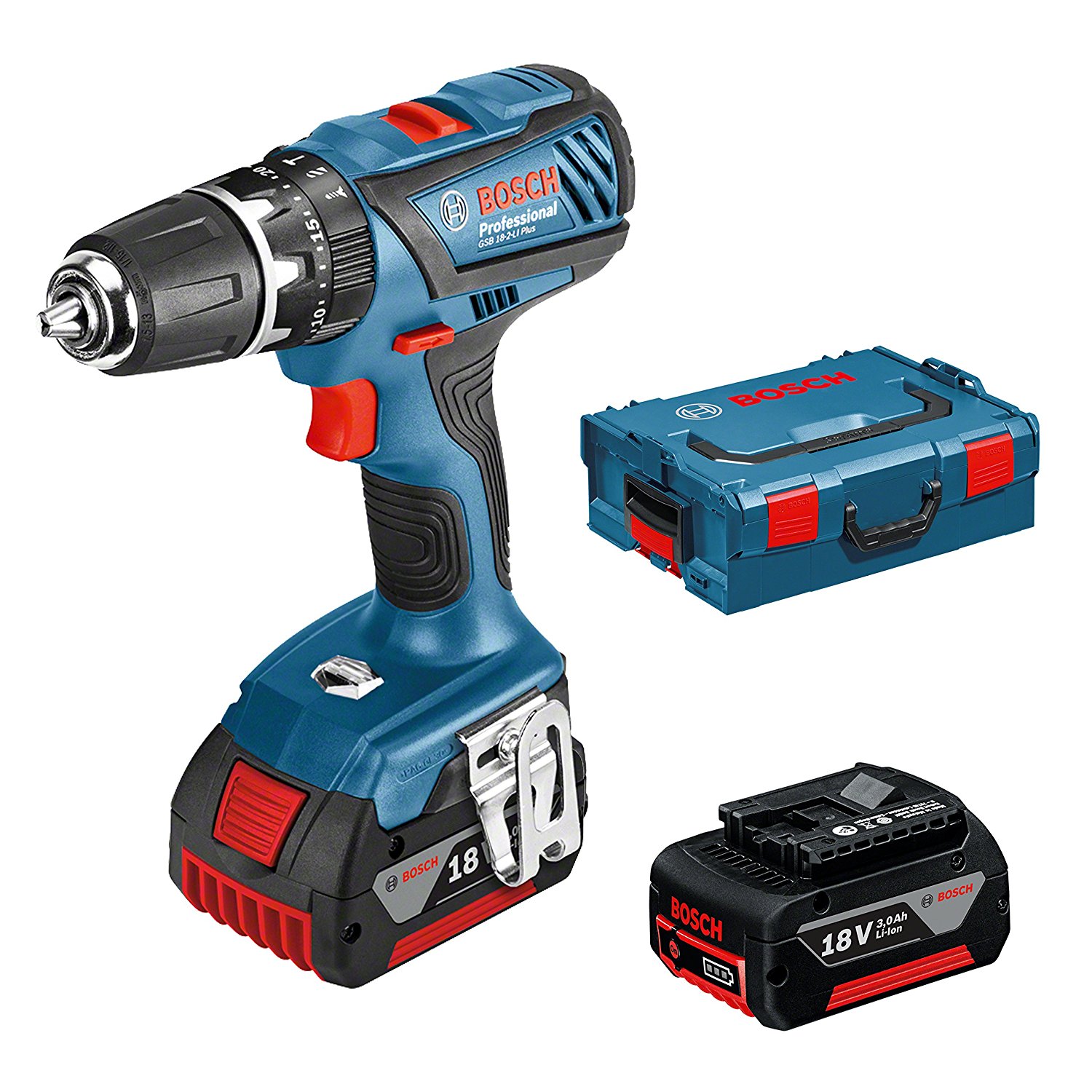 Bosch Professional Akku Schlagbohrschrauber GSB 18-2-LI Plus (2x 3,0 Ah Akku, L-Boxx, 18 Volt, Bohrfutterspannbereich: 1,5 - 13 mm, Drehmoment: 63 Nm)