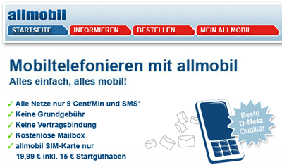 Kostenlose allmobil Simkarte - Prepaiddiscounter im Vodafone-Netz mit 9-Cent-Tarif
